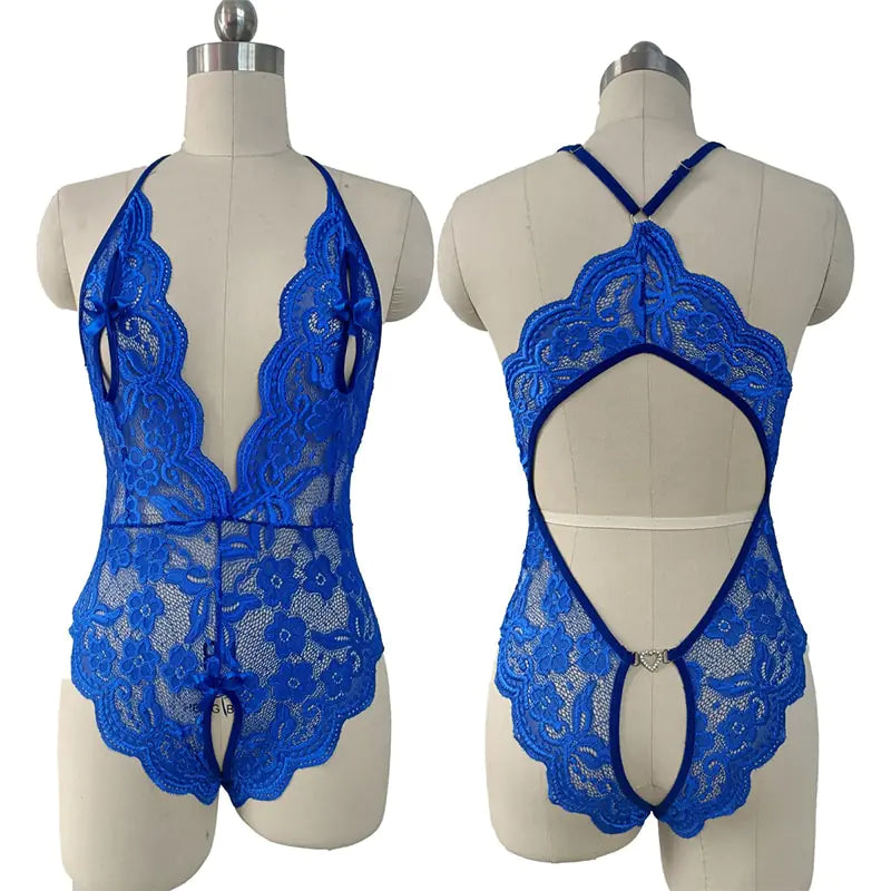 Blue Lace Crotchless Lingerie Set: Sexy Erotic Wear with Deep V Open Bra